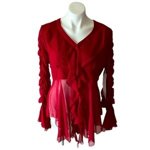 Ashro Women’s Sheer Red Ruffle Tunic Blouse With Shirred Bell Sleeves Size 12
